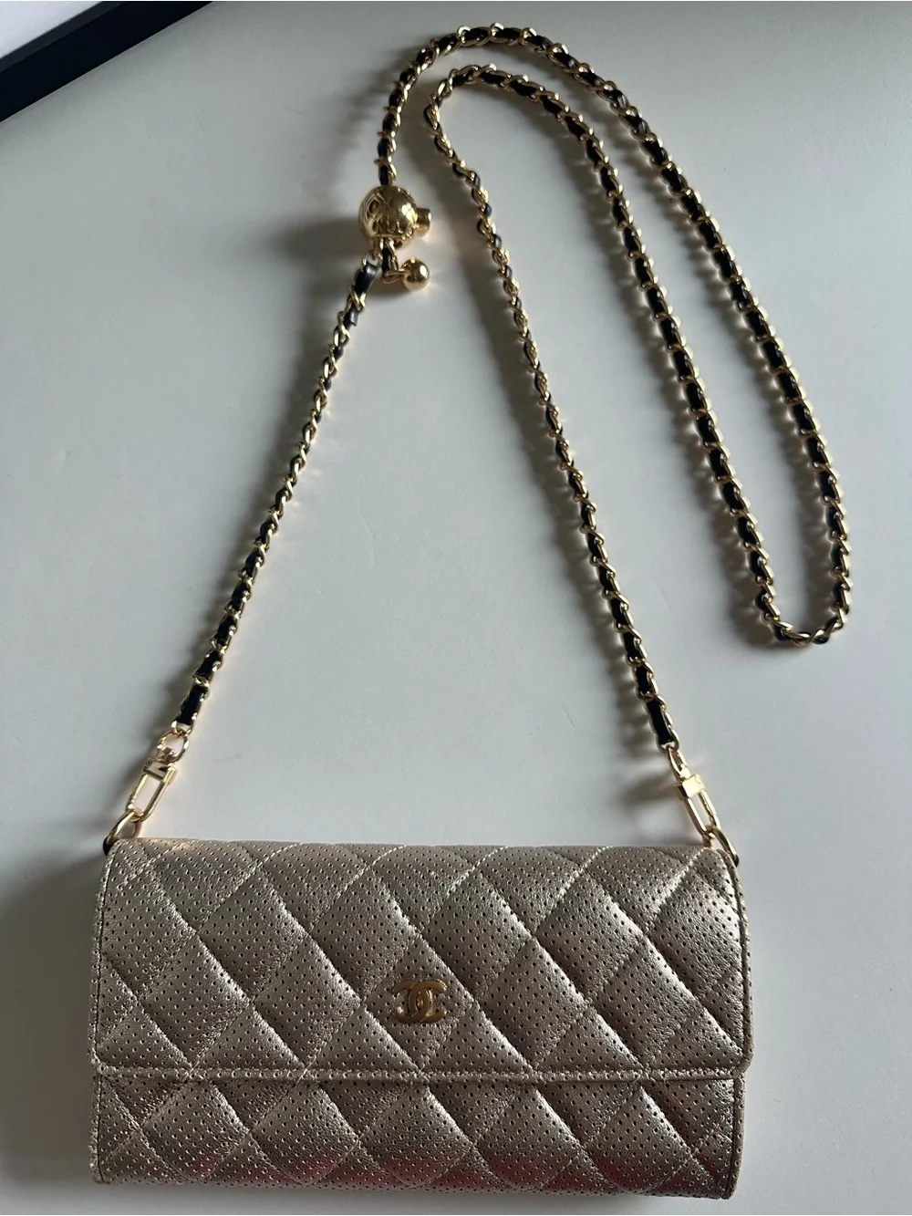 CHANEL Metallic Champagne Perforated Quilted Long Wallet + Unbranded WOC Kit